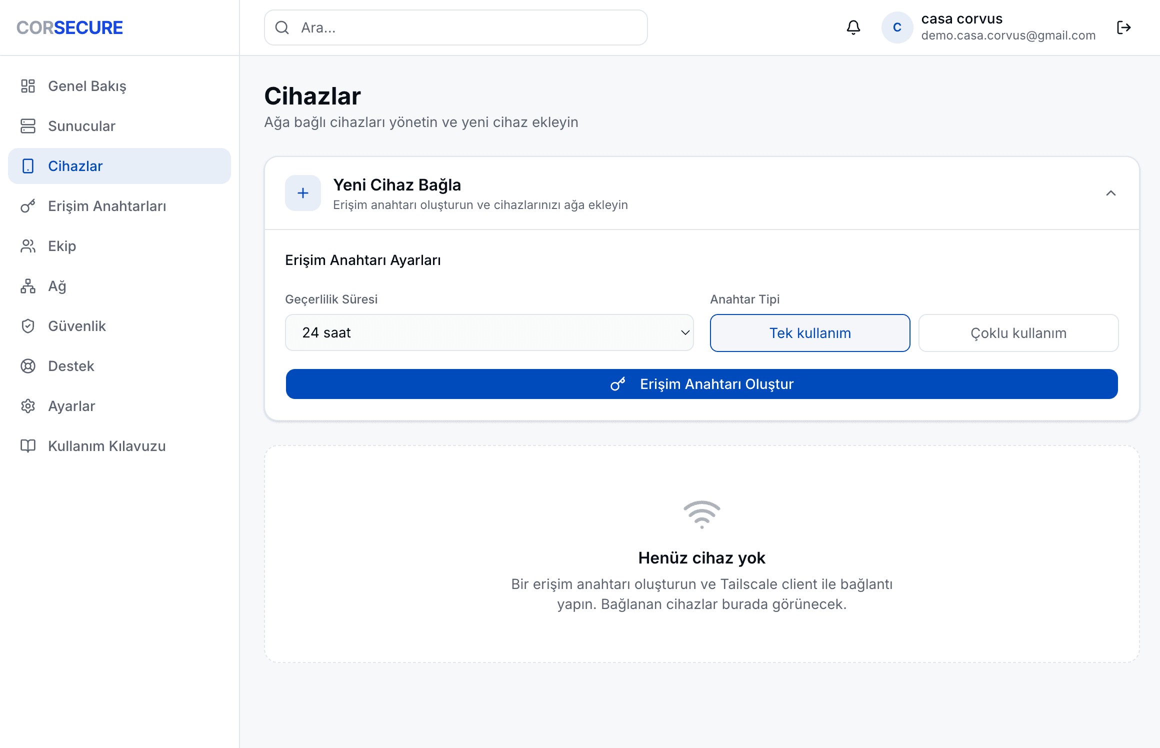 Cihaz onboarding paneli, anahtar oluşturma formu